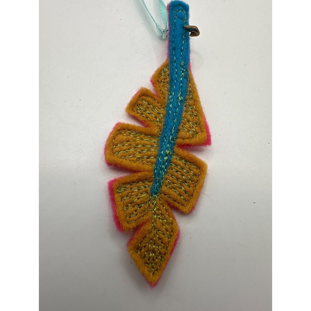 Felt Leaf Ornament Handmade Pink & Yellow With Blue Trim